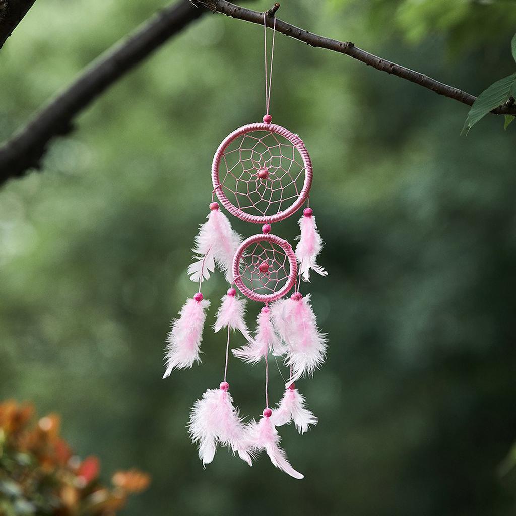 Boho Double Loop Dreamcatcher - Silk Thread Wall Art with Feathers, Car & Room Pendant