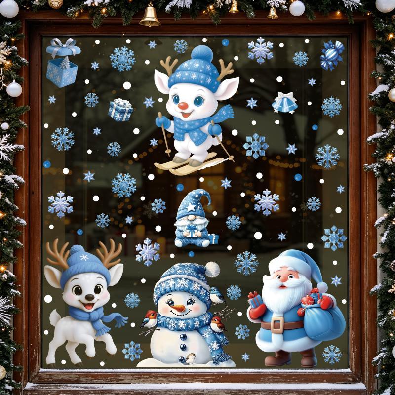 Новый синий набор статических наклеек на окна к Рождеству с колокольчиками, оленями, Сантой, снежинками, снеговиком для украшения праздничной вечеринки