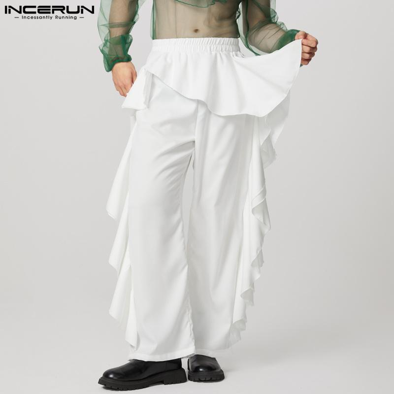 INCERUN Мужские брюки с эластичной талией, однотонные, нерегулярные, длинные брюки с оборками