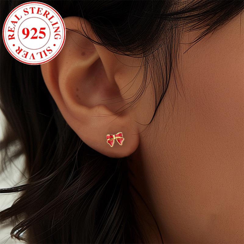 S925 Sterling Silver Christmas Red Bow Stud Earrings for Women
