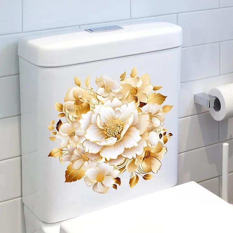 Наклейки на унитаз для ванной комнаты Современный минималистичный узор с золотыми цветами Самоклеящиеся картины для украшения ванной комнаты и гостиной