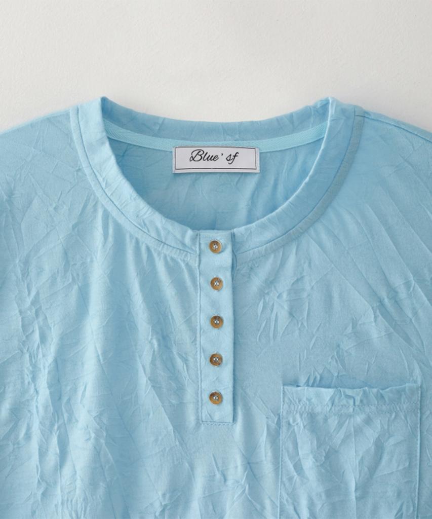 Beullusseonpeullawo Текстурированная футболка-henley с коротким рукавом [Синий]