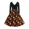 Women's Vintage Classic Dress Long Sleeve Halloween Print V-neck Swing Dress