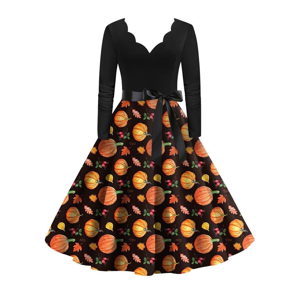 Women's Vintage Classic Dress Long Sleeve Halloween Print V-neck Swing Dress