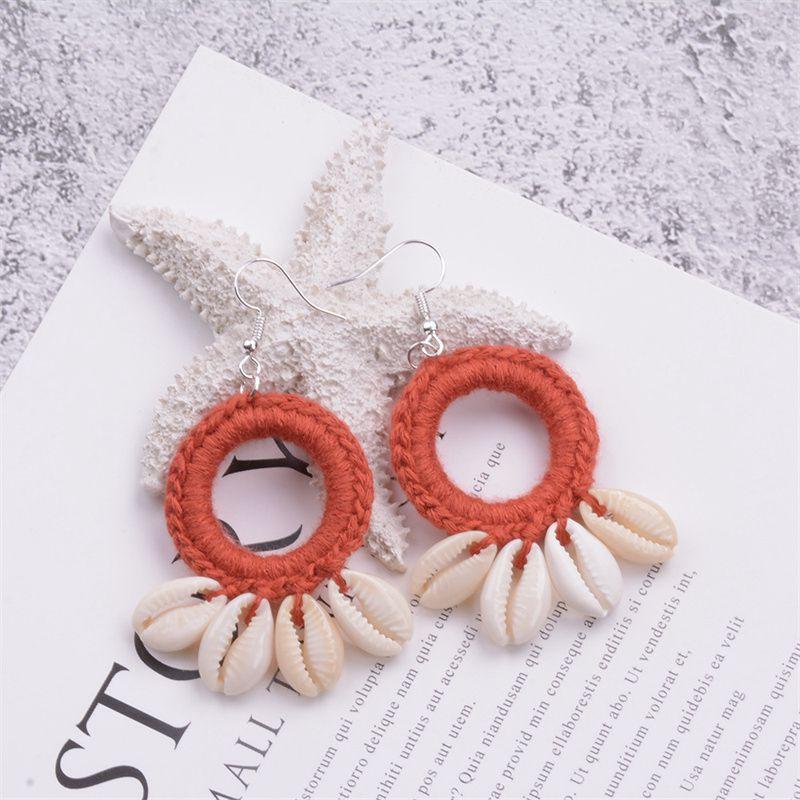 Серьги-ракушки с кисточками, модные пляжные серьги в стиле бохо, оригинальные новые большие круглые висячие серьги, женские вязаные крючком серьги