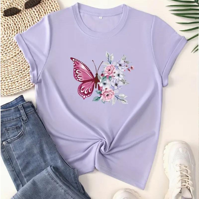 Butterfly & Floral Sprint Crew Neck T-shirt Casual Short Sleeve T-shirt For Spring & Summer Women's Clothing