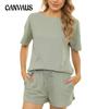 Spring and Summer Women's Short-sleeved Loungewear Solid Color Casual Waffle T-shirt Shorts Two-piece Suit