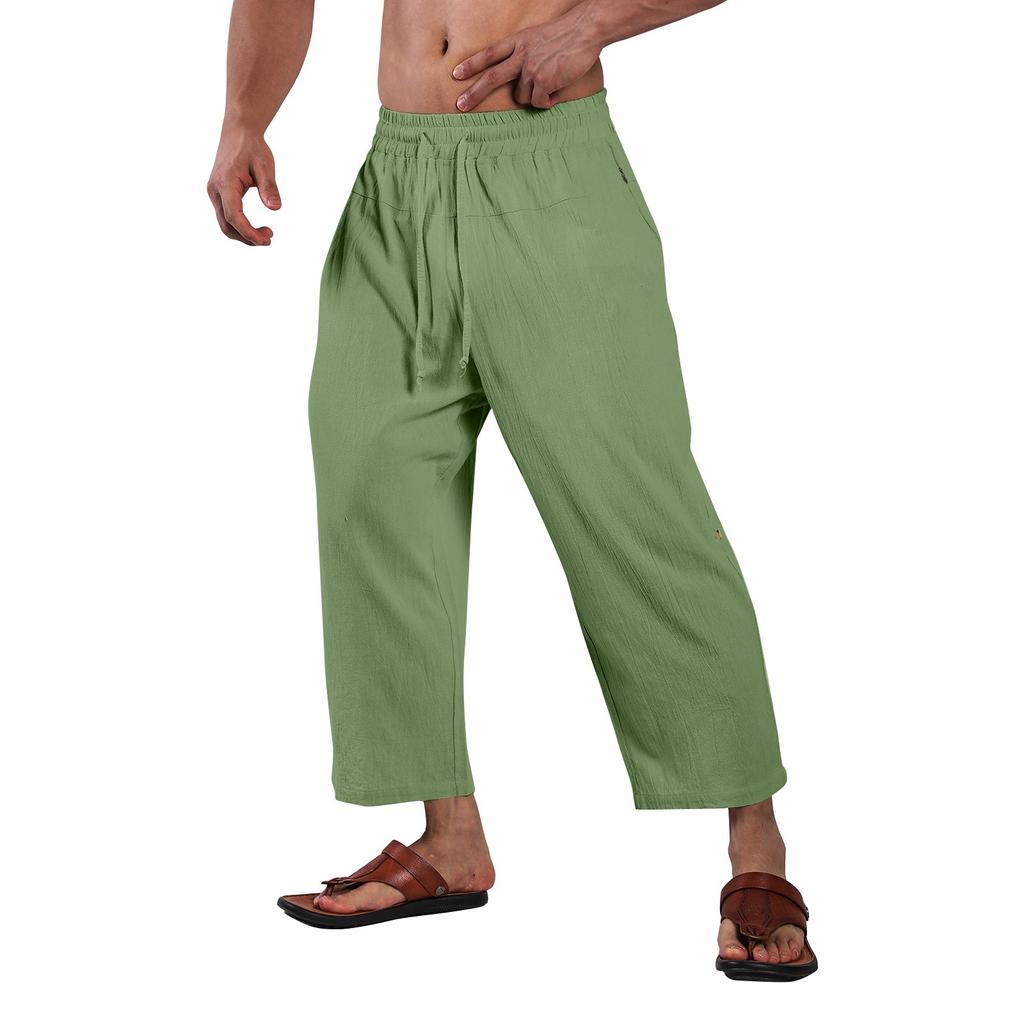 Мужские летние повседневные укороченные брюки на шнурке Мужские дышащие укороченные брюки из хлопка и льна