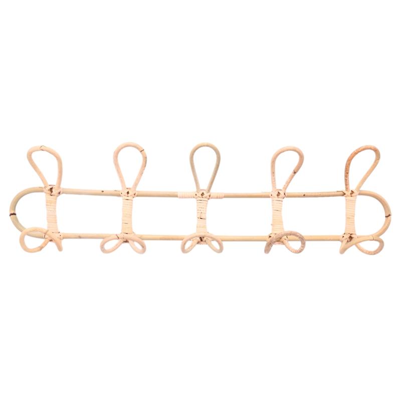 Rattan Wall Hooks 5 Hooks Kids Garments Organizer Rack Clothes Hat Hanging Hook Rattan Hanger Kids Room Decor Hanger