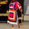 Women Plus Size Round Neck Long Sleeve Square Print Dresses
