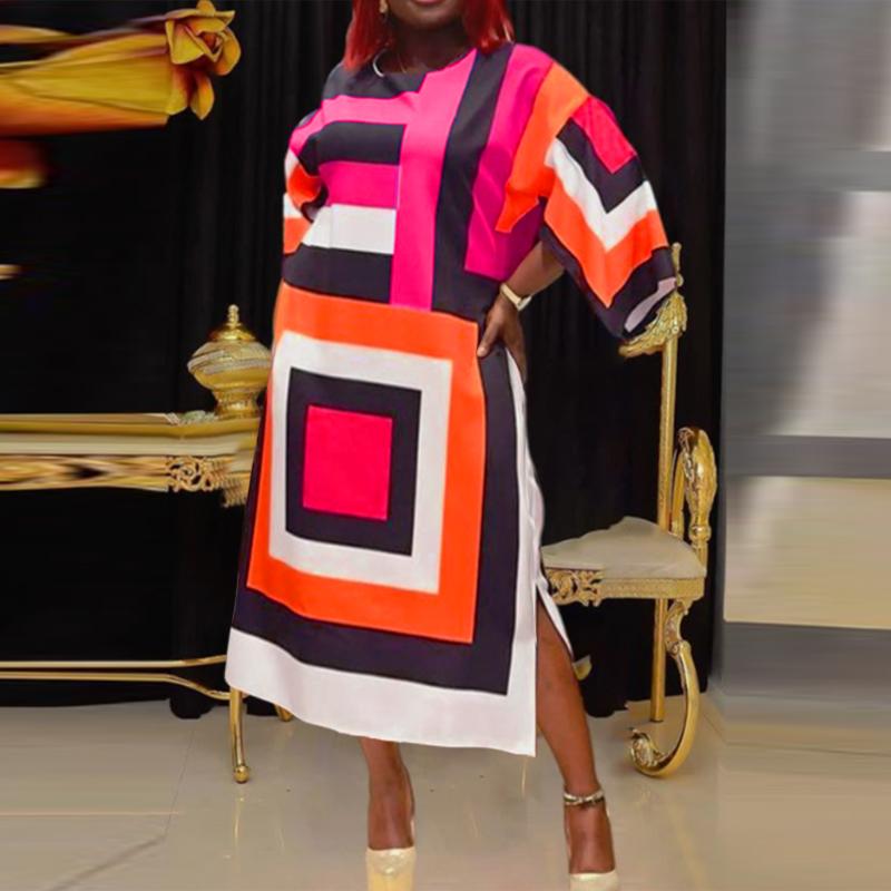 Women Plus Size Round Neck Long Sleeve Square Print Dresses