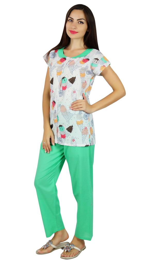Bimba Womens Cotton Pajama Night Wear Set Short Sleeve Shirt with Pyjamas - Night