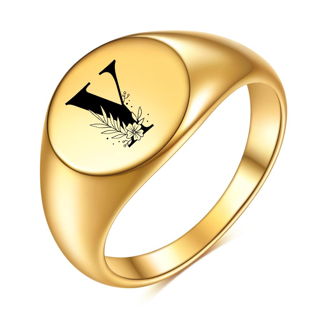 Женщины Мужчины Цветок AZ Буква Золотого Цвета Кольцо На Палец Инициалы Имя Алфавит Женские Партии Массивные Кольца Ювелирные Изделия Из Нержавеющей Стали