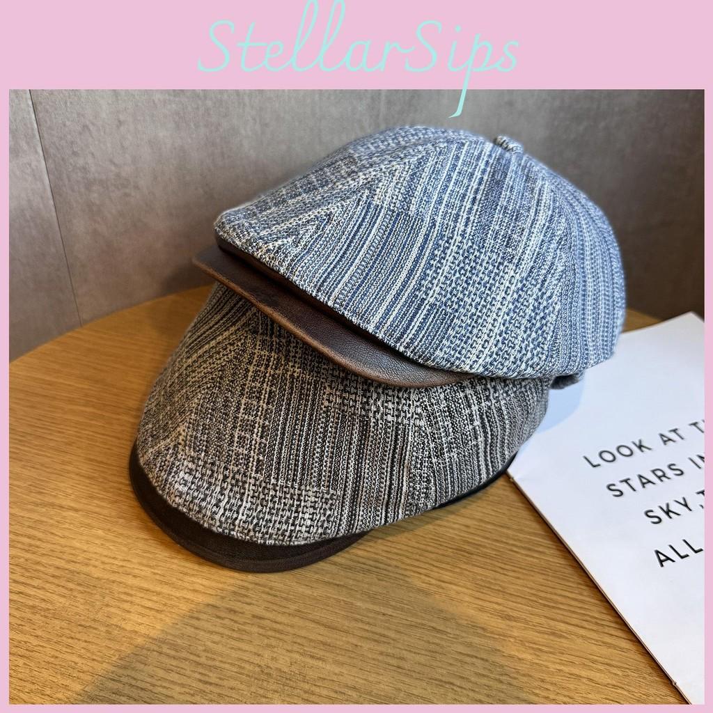 Spliced Design Minimally Striped Women Denim Casual Beret For Autumn And Winter