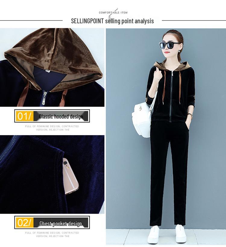 Women's Velvet Hooded Tracksuit - Spring 2025 Fashionable Two-Piece Set for Middle-Aged Moms