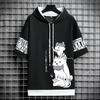 Japan Fashion Men's Hoodies Summer Men Clothing Cartoon Casual Harajuku Streetwear Print Hooded Short Sleeve Sweatshirts Men