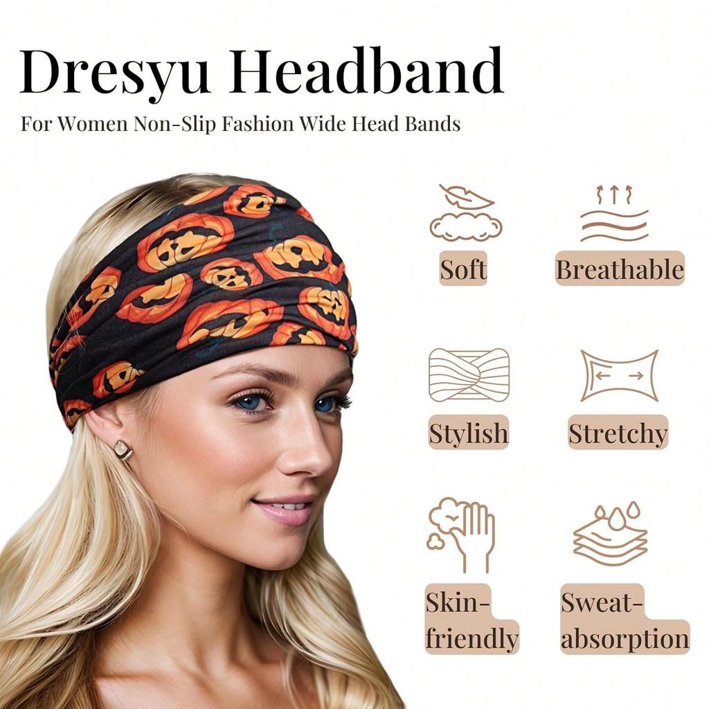 Женские широкие праздничные повязки на голову с тыквой и летучей мышью, фестивальный подарок, аксессуары для волос, тыква, роза, бохо, полиэстер, модный всесезонный женский шарф, осенняя повязка для волос