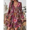 Fashion Vintage Print A Line Loose Casual Dresses Women Puff Long Sleeve Elegant V Neck Slim Sexy Dress Women Summer Beach Vacation Short Dress 25886