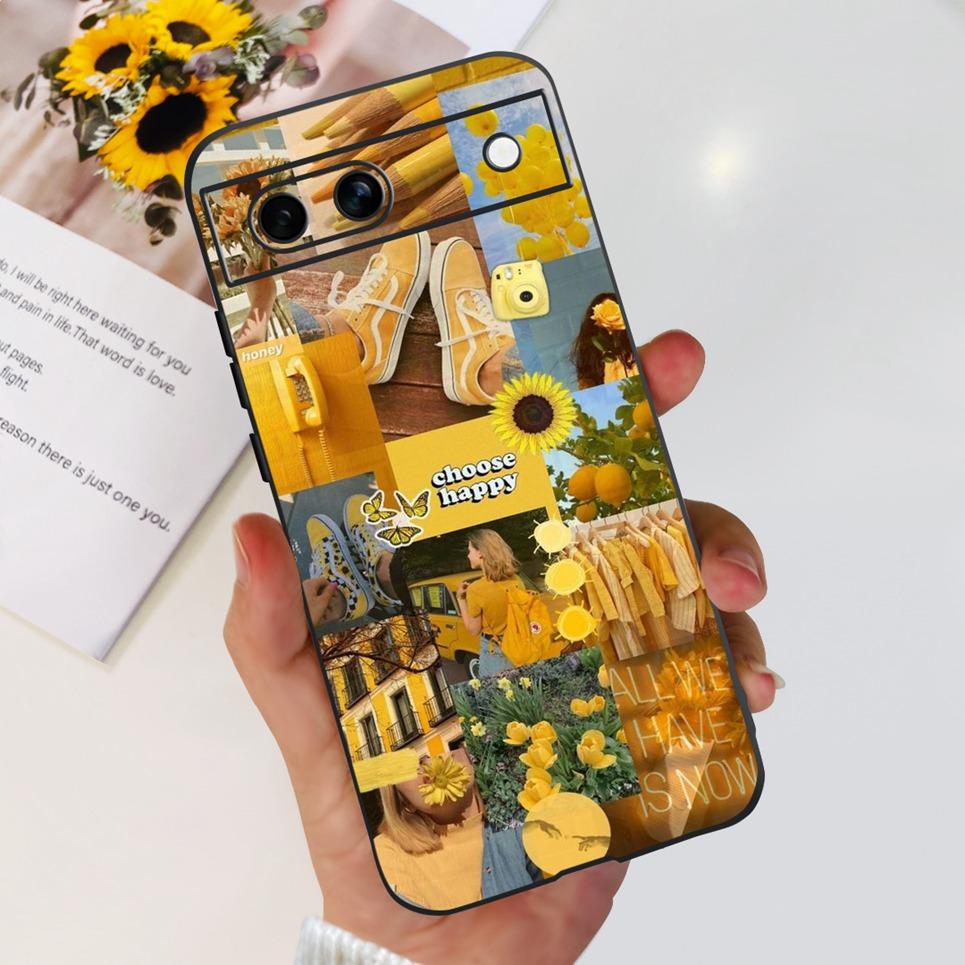 Black Matte Silicone Back Cover For Google Pixel 8A Painting Case Cartoon Lovely Cat Butterfly Flower Bumper Google 8A Soft Etui
