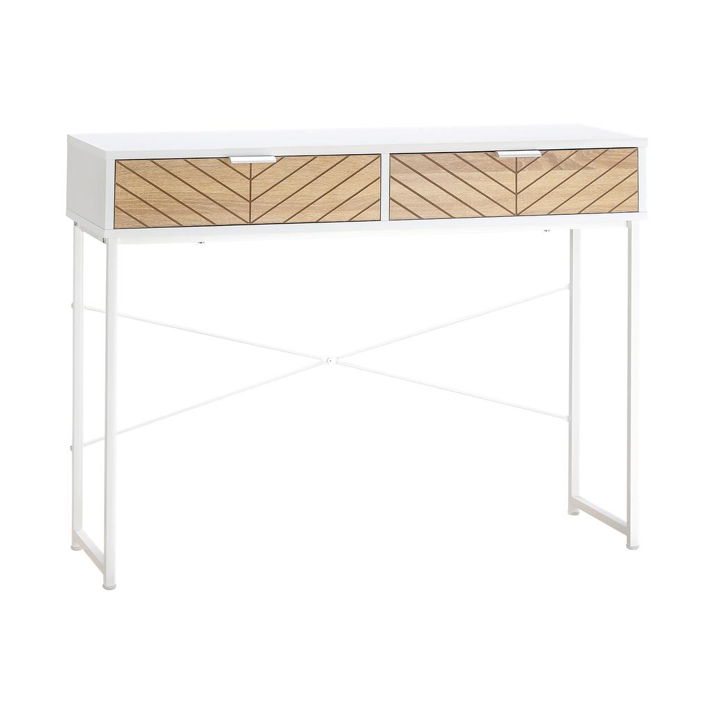 Industrial Console Table 2 Drawers Carved Oak Wood Look Herringbone Pattern White Metal Legs