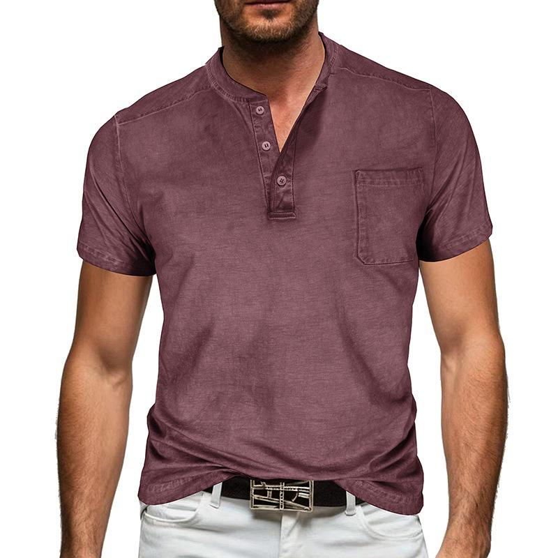 Мужская черная вымытая футболка-henley с коротким рукавом, нагрудным карманом, повседневная