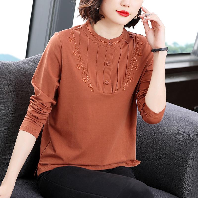 Pure Cotton Long-sleeved T-shirt for Women, Loose Aunties Casual Shirts, Middle-aged and Elderly Mothers, Spring and Autumn Tops, Base Shirts