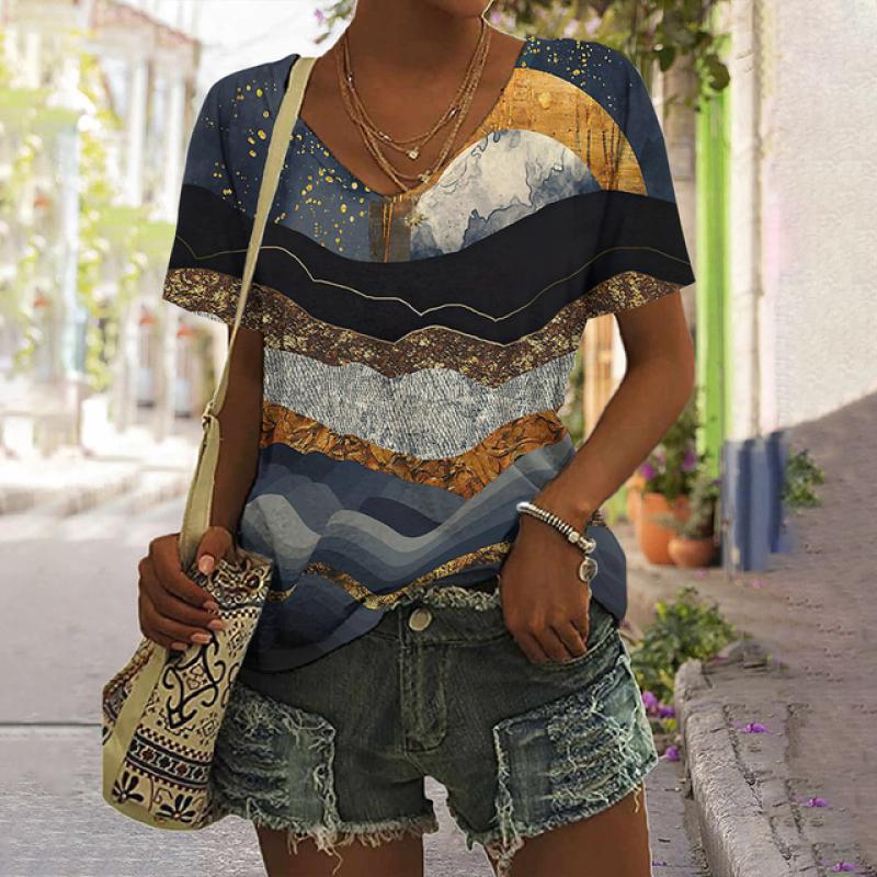 Полосатая футболка для женщин, новая простая одежда, повседневная футболка с v-образным вырезом и короткими рукавами, женская футболка в стиле Харадзюку в стиле ретро с принтом, летняя