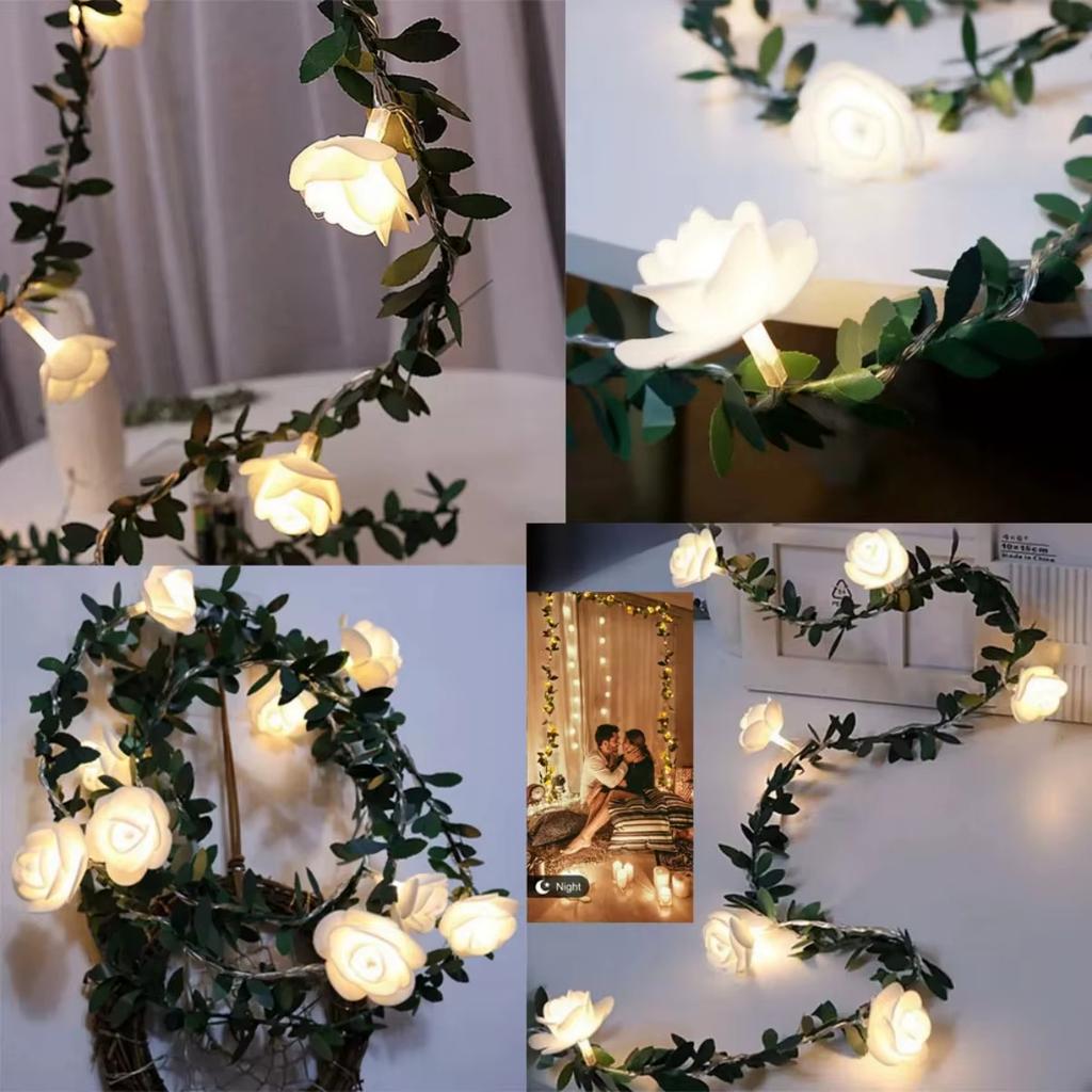 Artificial White Rose rattan light string LED small white flower rattan light string Battery Powered For wedding balcony decor