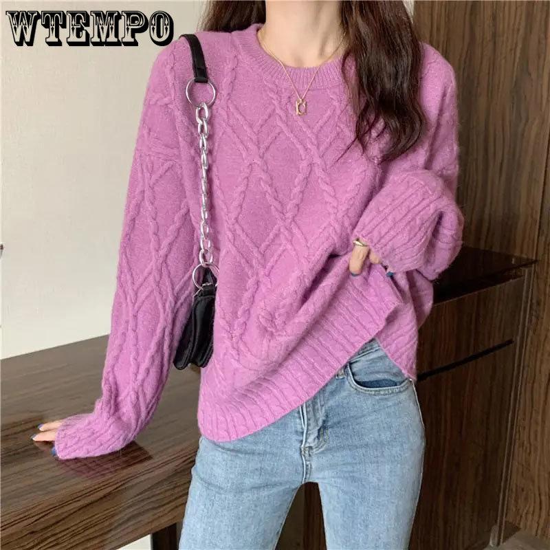 White Knitted Fried Dough Twist Women Sweater Loose Knit Pullover Simple Casual Commute Sweet Long Sleeve Top Bottoming Shirt