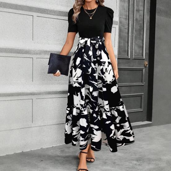 Летнее платье с круглым вырезом, коротким рукавом, высокой талией, длинное платье, сшитое из нескольких частей