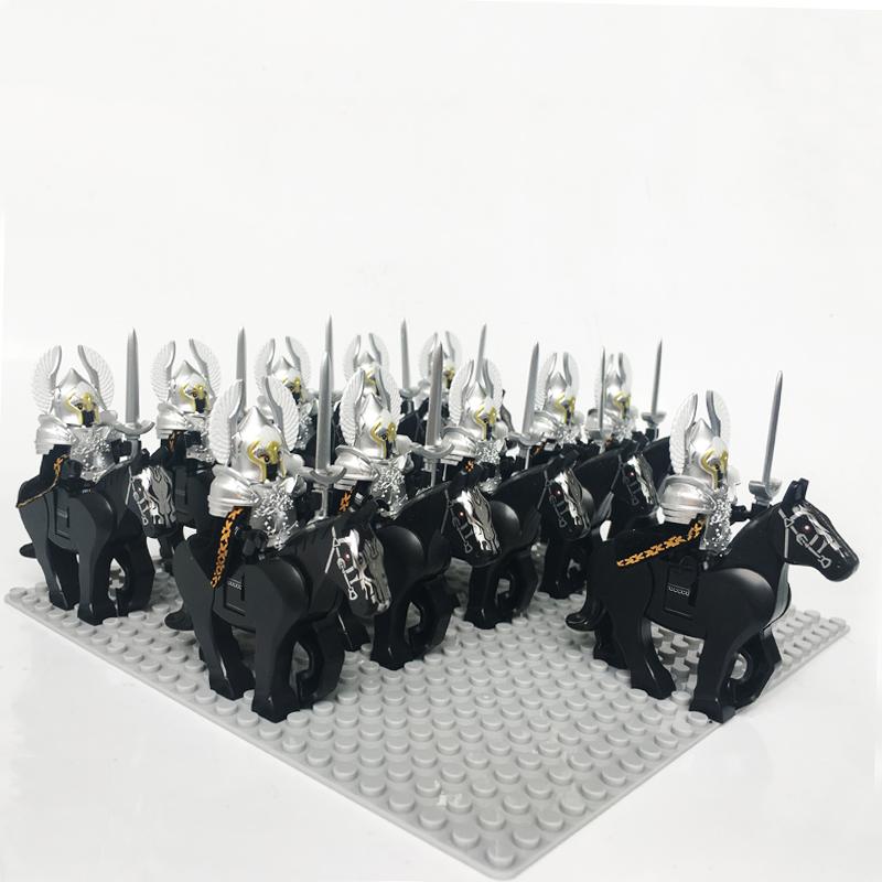 Medieval Knights Castle Cavalry Rohan Soldiers Guard Army Lotr Cavalier With Weapon Armor Helmet Shield and Horse Figure Blocks
