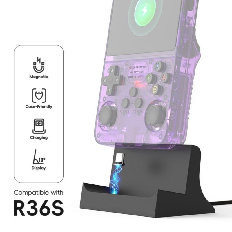 Магнитная зарядная подставка для игровой консоли R36S с портом Type-C и материалом ABS. Идеально подходит для использования на рабочем столе и в спальне.