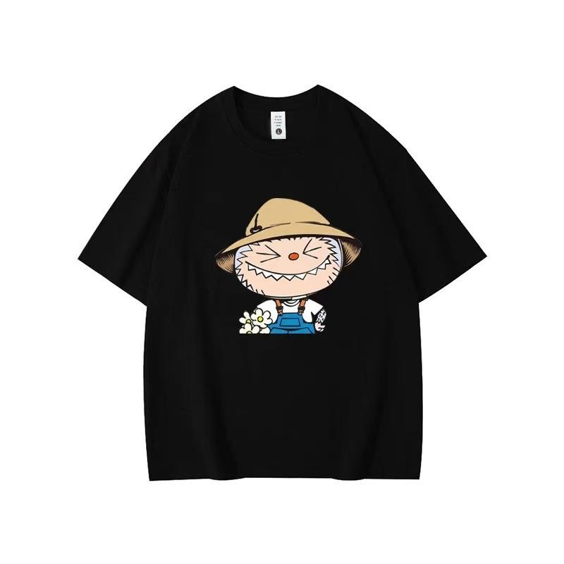 Летний топ с круглым вырезом и принтом с узором Лабубу, модная повседневная женская футболка с коротким рукавом из чистого хлопка