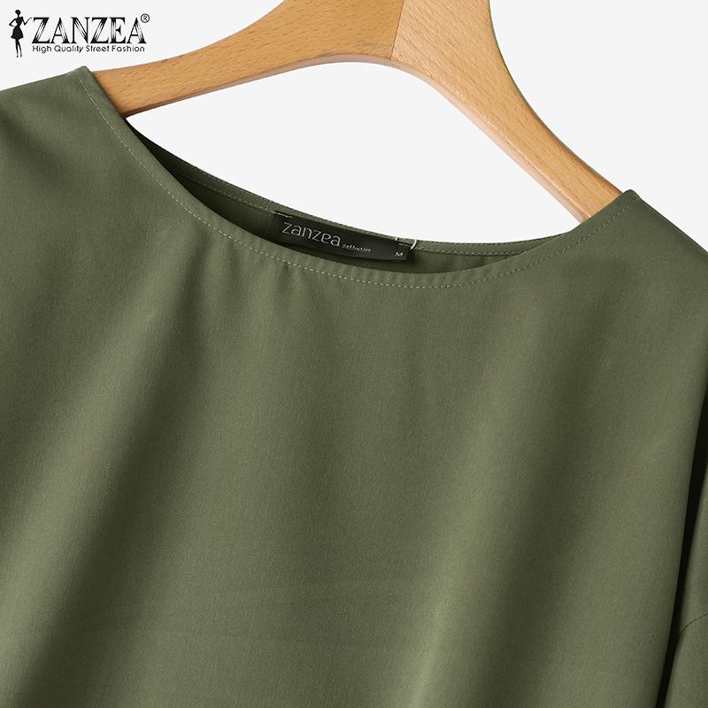 ZANZEA Женская повседневная однотонная свободная блузка с длинным рукавом и круглым вырезом