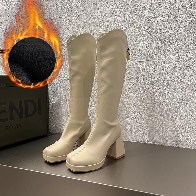 Fashion Platform Long Boots For Women Fashion Back Zippers High Heel Knee High Boots Autumn Winter Ladies Elegant Mordern Booties
