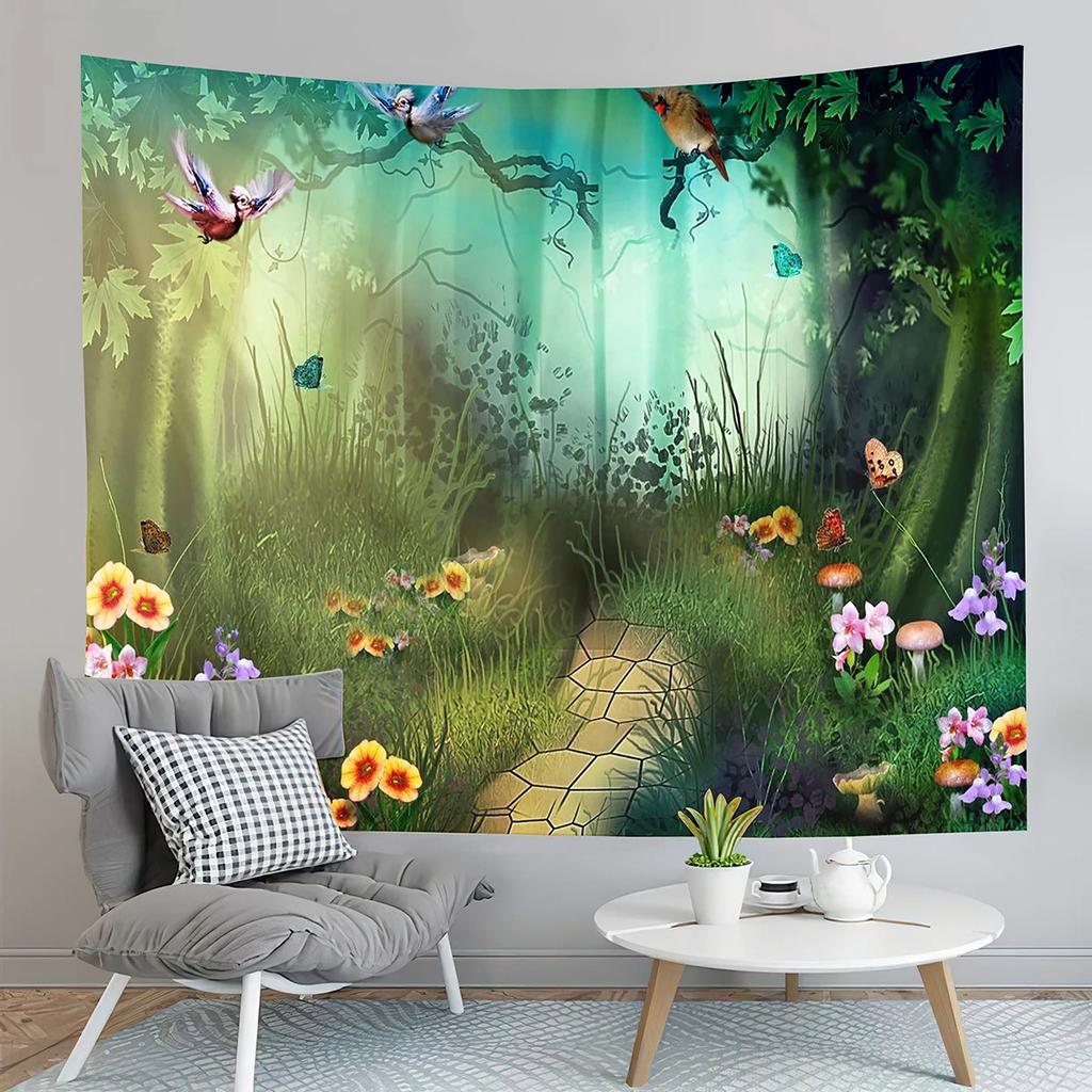 Fairy Tale Forest Tapestry Full Moon Night Red Mushroom Living Room Bedroom Dormitory
