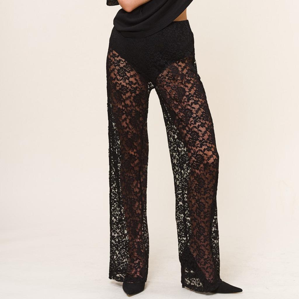 Женские прозрачные кружевные брюки, готические брюки с высокой талией, широкие брюки-клеш, брюки-клеш, уличная одежда