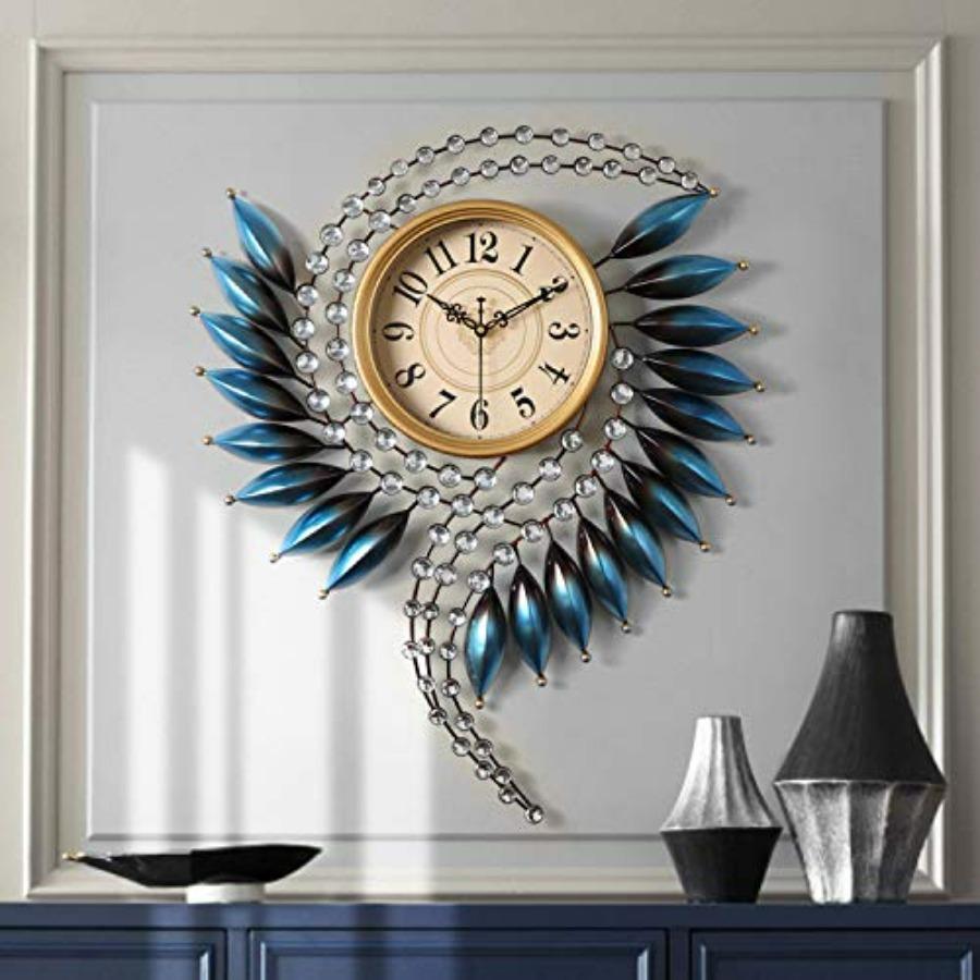 Crystal Metal Wall Clock Silent Non Ticking 26×21 Quality Quartz Battery Operated Decorative Clock in Silver for Kitchen Living