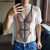Men Short Sleeves 3D Print See Through Casual Mesh Sheer Tee T-shirts