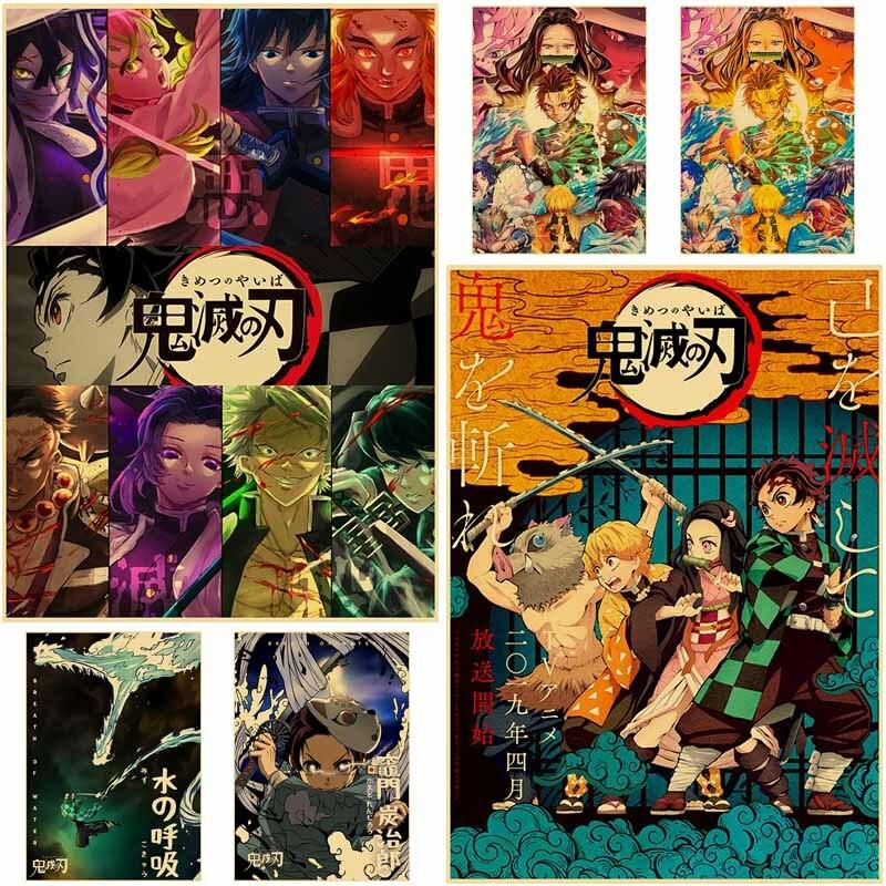 Vintage Anime Demon Slayer Kimetsu No Yaiba Posters Retro Room Decoration Wall Painting Decorative Picture Home Decor Aesthetic
