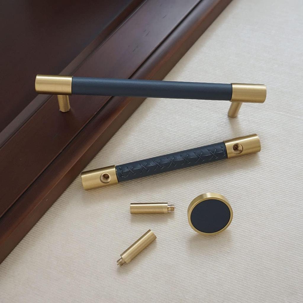 Темно-синие кожаные ручки для ящиков, медные ручки для шкафа, круглые ручки для ящиков шкафа (5" Отверстие к Отверстию)