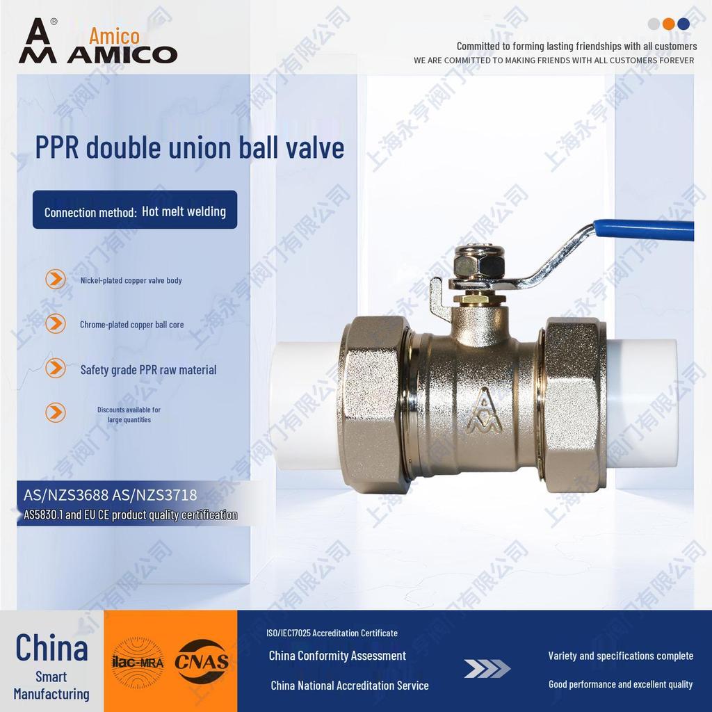 Ameiko PPR Brass Ball Valve, Double Union, Hot Melt Weld, Electroplated, Thickened Design.