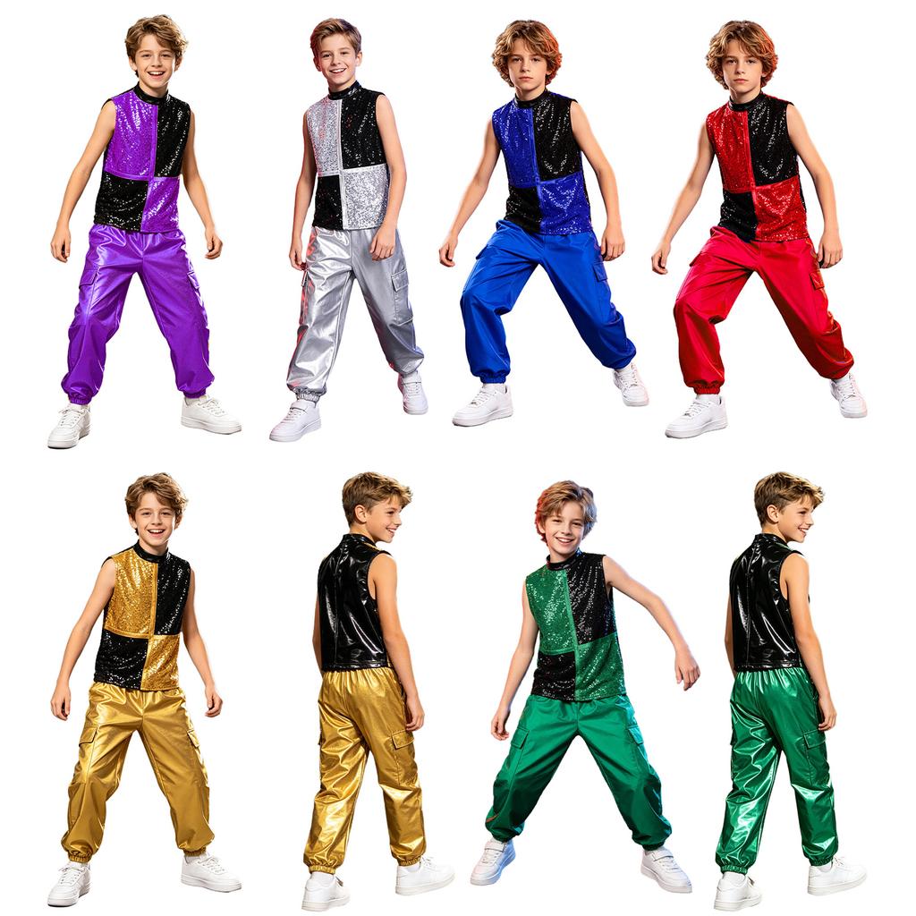 Boys Metallic Jazz Dance Costume Mock Neck Sleeveless Back Zipper Shiny Sequins Color Block Top Cargo Pants
