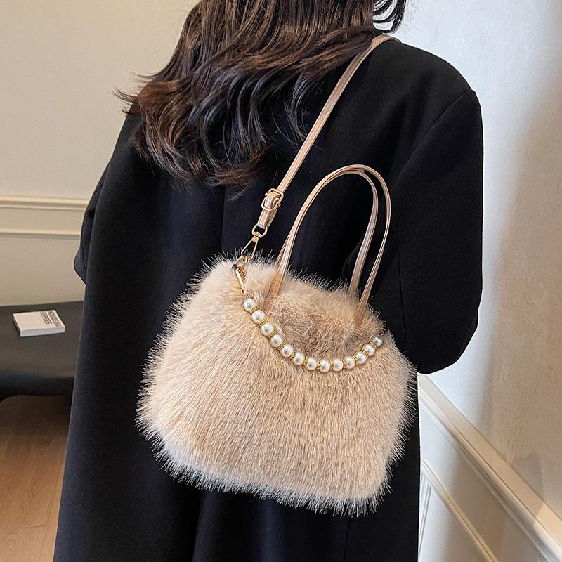 Fashion Women Faux Fur Tote Bag Zipper Solid Color Ladies Crossbody Shoulder Bag Trendy Winter Autumn Soft Fluffy Plush Handbags