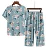 2 Pcs/Set Women Top Pants Set O Neck Flower Print Grandma Style Elastic Waists Summer Pajamas Set for Daily Wear