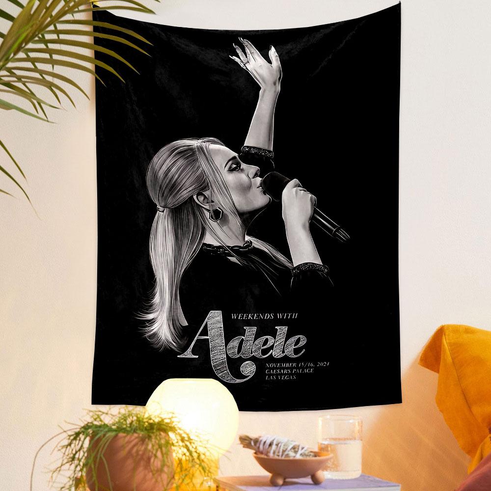 A grayscale illustration of a singer holding a microphone on a black background. Patterned tapestry for bedroom and living room home decor