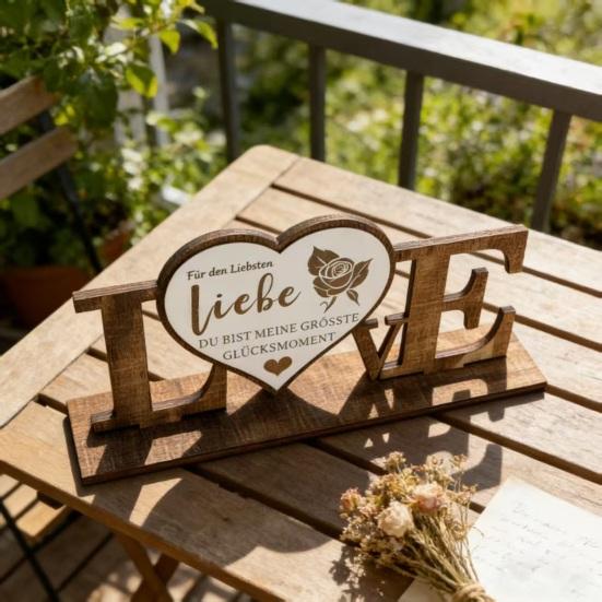 Valentine's Day Love Table Sign with Base Farmhouse Rustic Wooden Love Letter Ornament Anniversary Wedding Party Tabletop