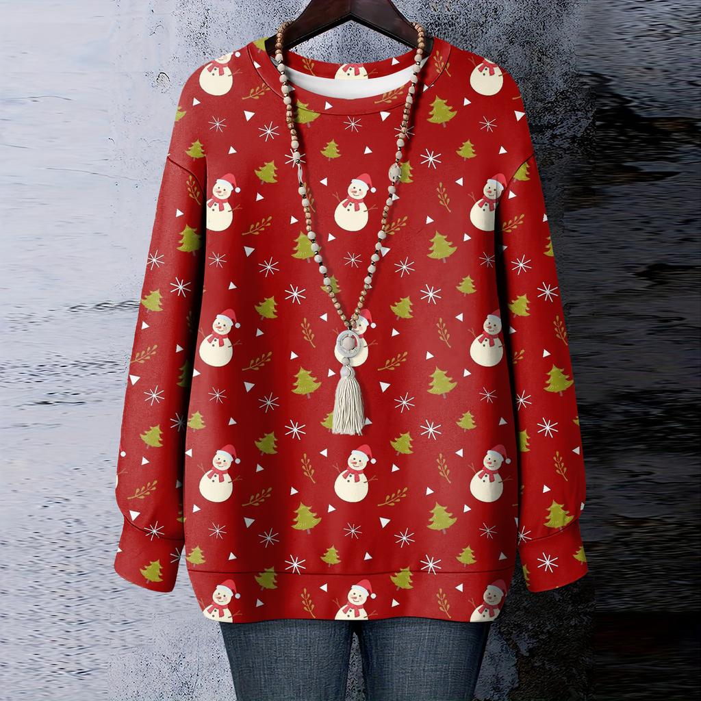 Ladies' Christmas Printed Round Neck Long Sleeved T-shirt Sweatshirt Top