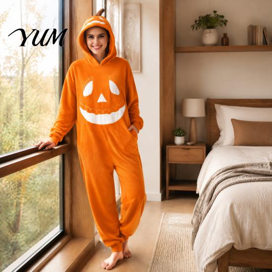 Funny Cosplay Romper Halloween Pumpkin Onesie Pajamas, Adult Jumpsuit with Happy Plush Fleece Homewear Face, Soft Hooded Costume for Party Night,