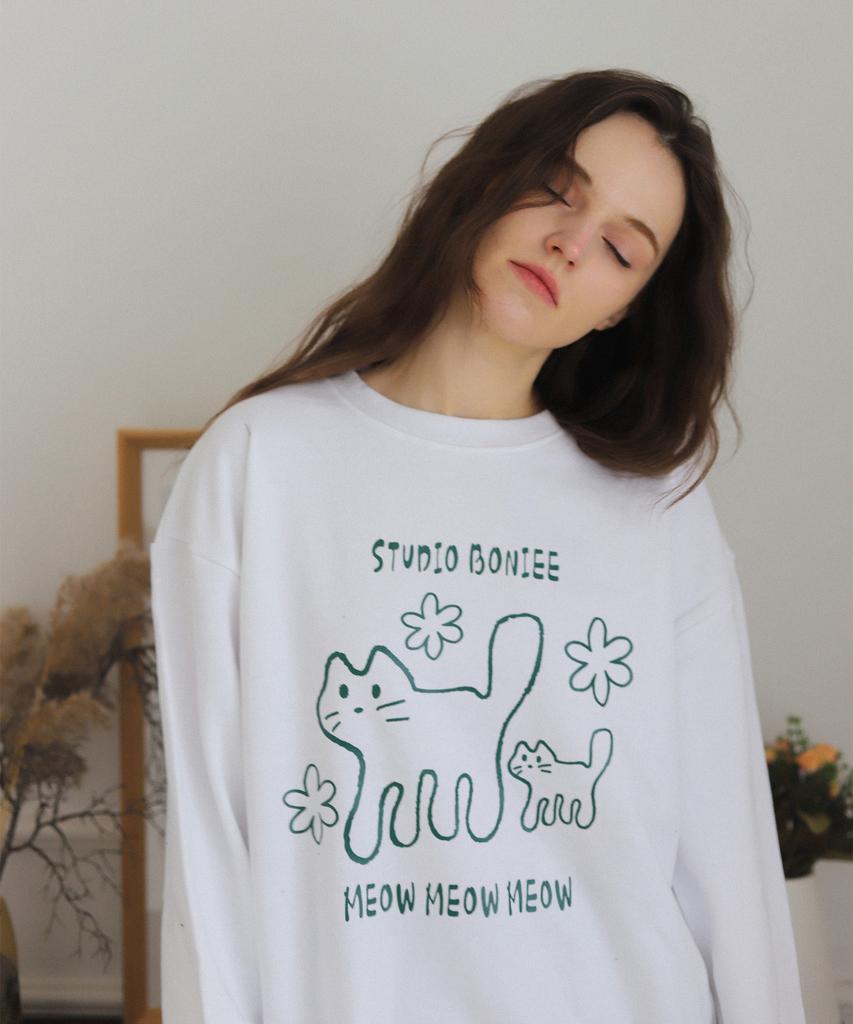 BONIEE [Fleece Lined Selection] Meow Cat Kitten Oversized Sweatshirt White